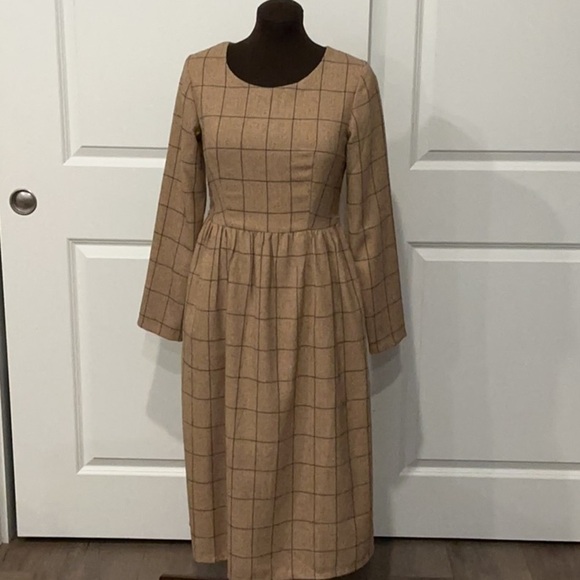 Roolee Brown Black Window Pane Plaid Long Sleeve Fall Modest Dress Size Small - Picture 1 of 14